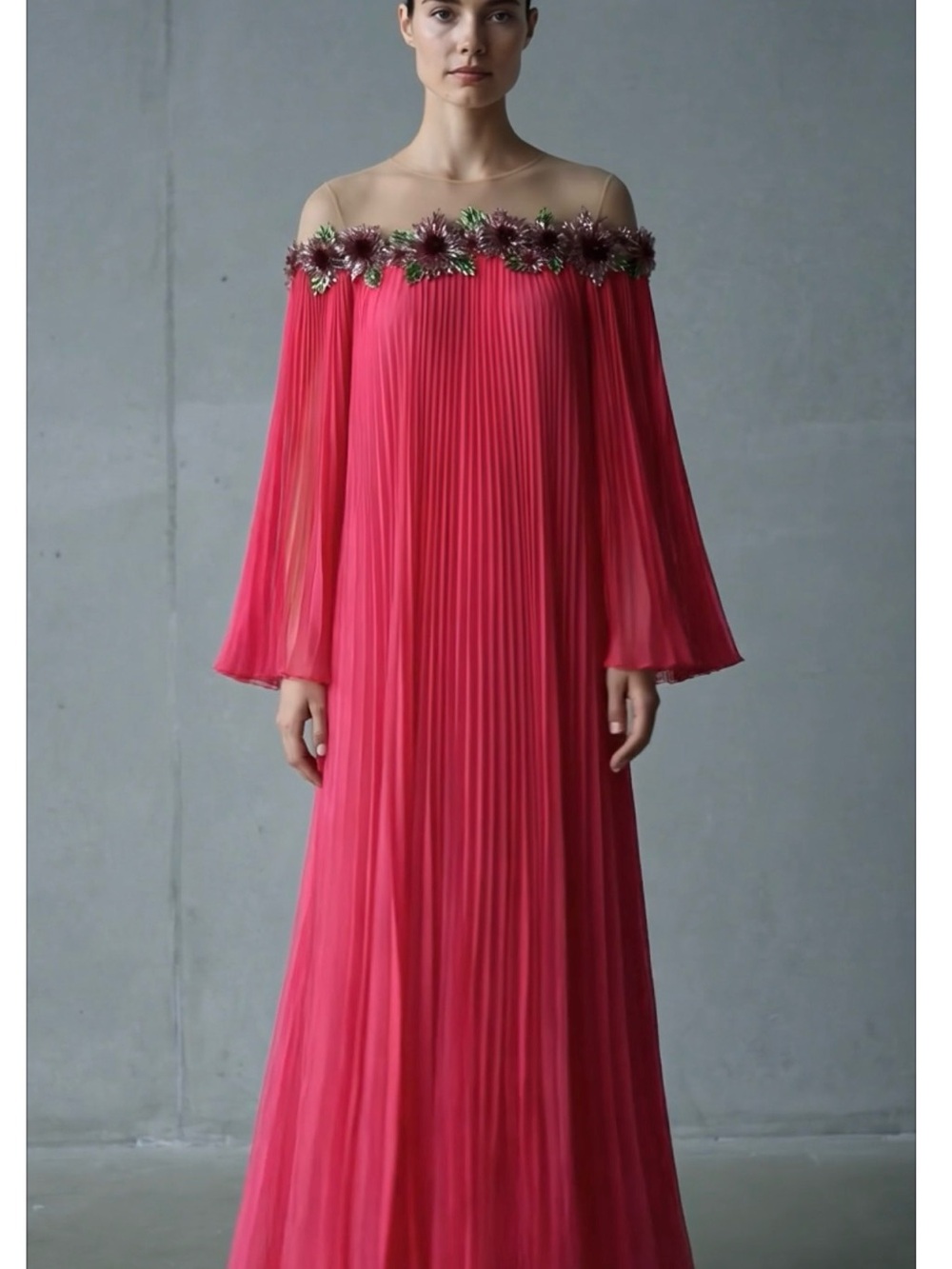 Oscar de la Renta Hot Pink Shoulder Pleated Gown with Floral Trim
